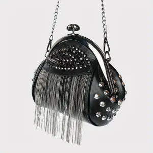 Punk Style Studded Decor Crossbody Bag, Gothic Chains Shoulder Bag, Metal Tassel Fringe Shell Purse