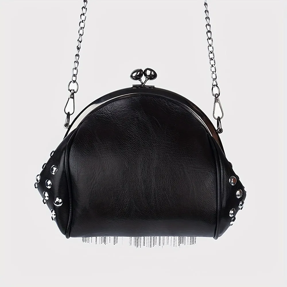 Punk Style Studded Decor Crossbody Bag, Gothic Chains Shoulder Bag, Metal Tassel Fringe Shell Purse