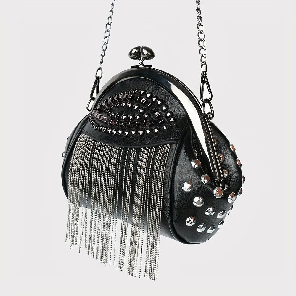 Punk Style Studded Decor Crossbody Bag, Gothic Chains Shoulder Bag, Metal Tassel Fringe Shell Purse