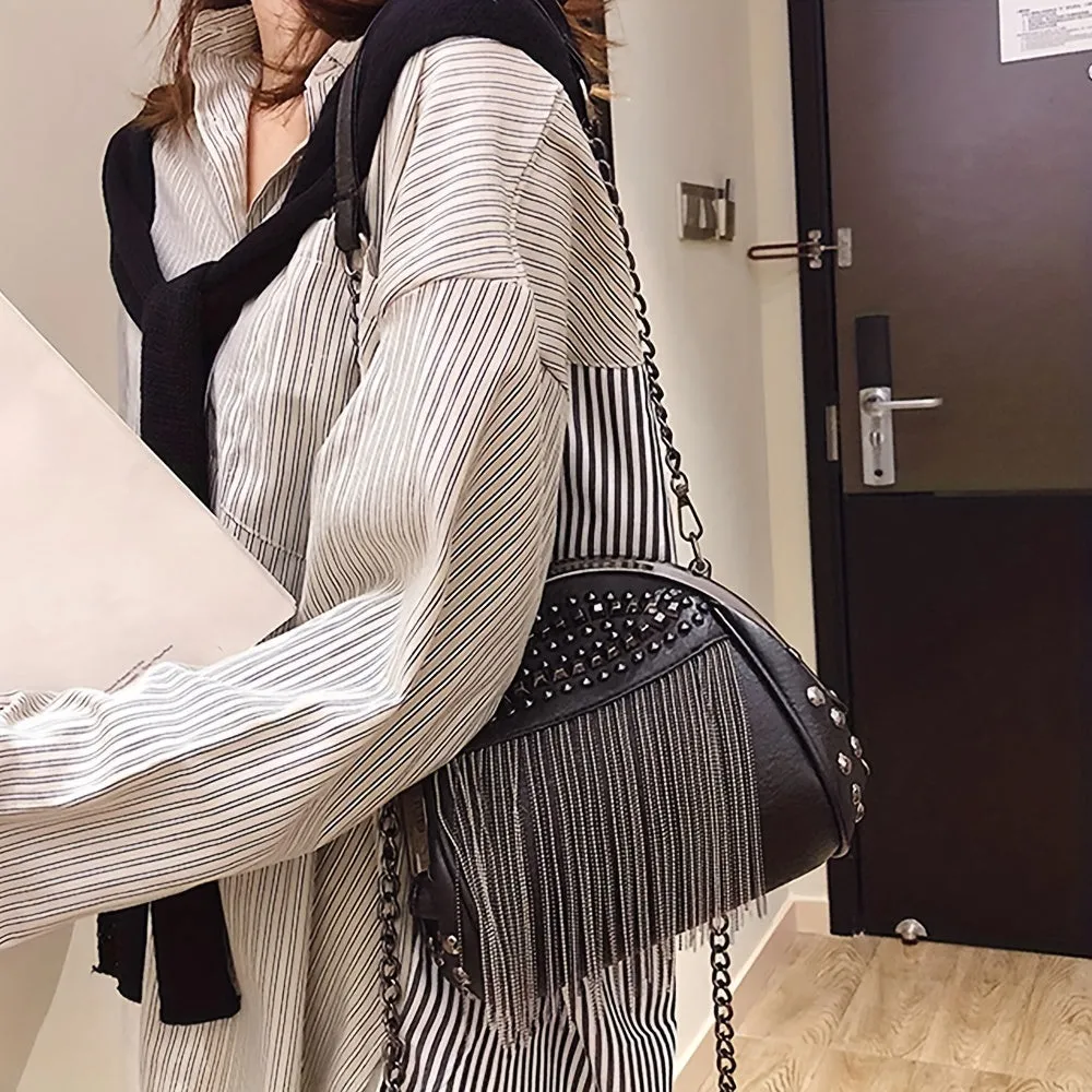 Punk Style Studded Decor Crossbody Bag, Gothic Chains Shoulder Bag, Metal Tassel Fringe Shell Purse