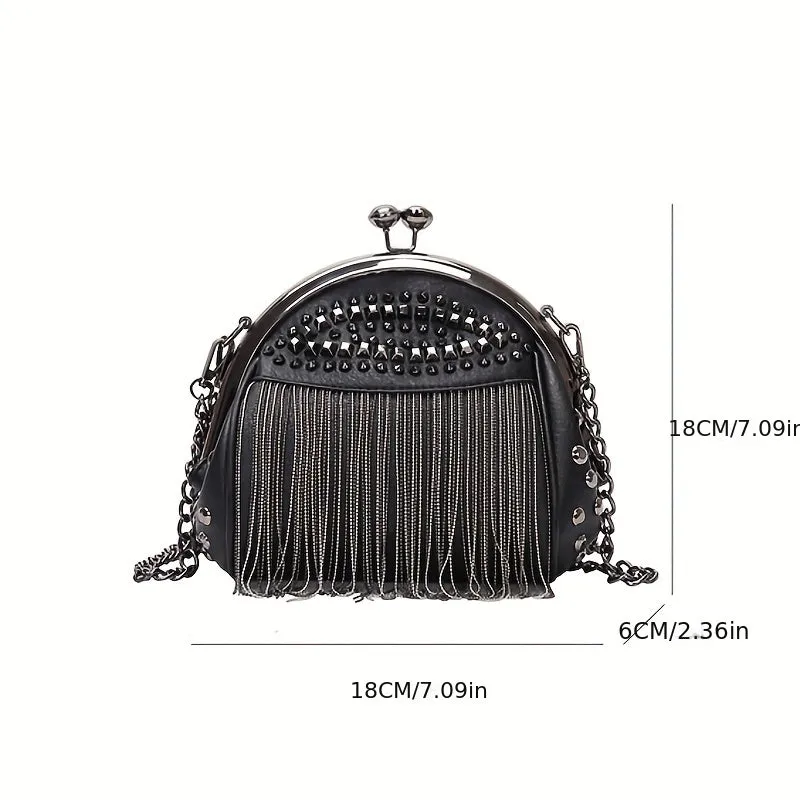 Punk Style Studded Decor Crossbody Bag, Gothic Chains Shoulder Bag, Metal Tassel Fringe Shell Purse