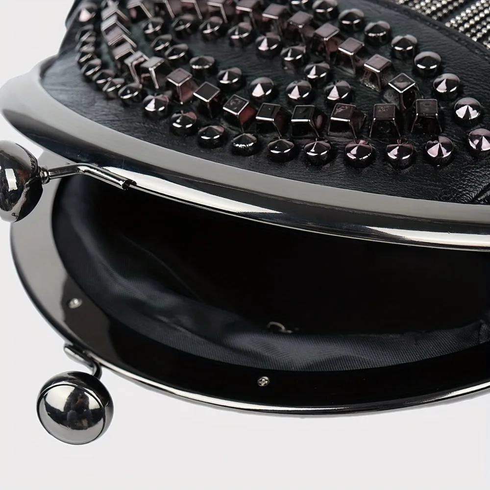 Punk Style Studded Decor Crossbody Bag, Gothic Chains Shoulder Bag, Metal Tassel Fringe Shell Purse