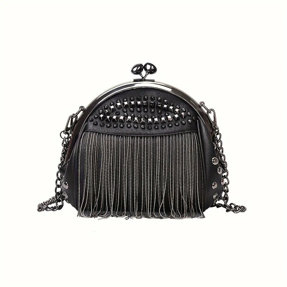 Punk Style Studded Decor Crossbody Bag, Gothic Chains Shoulder Bag, Metal Tassel Fringe Shell Purse