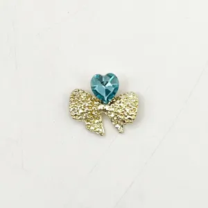 Queen - Nail Charms 10pc - #169 Gold Bows with Blue Heart Gem