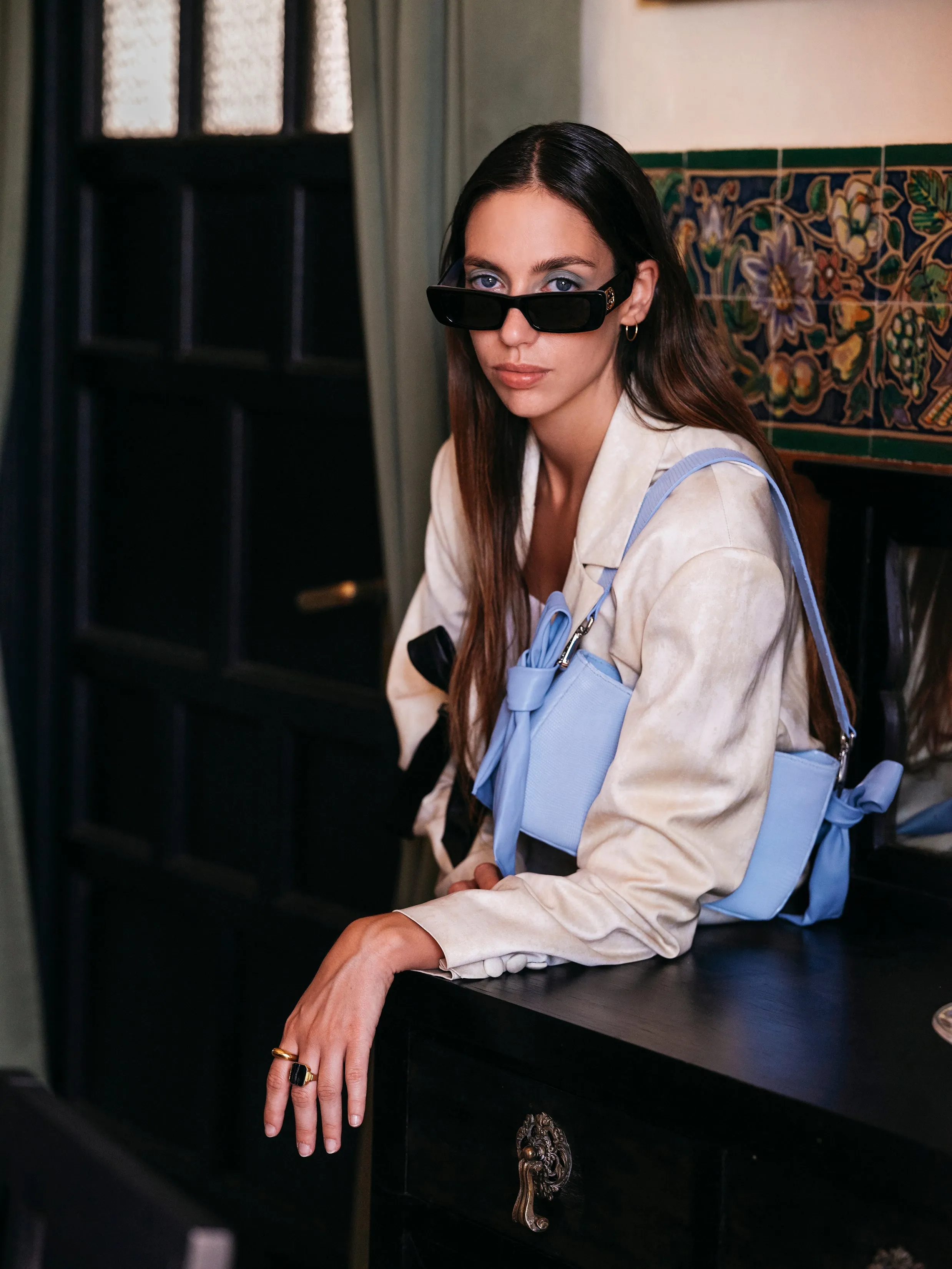 QUERIDA SHOULDER BAG WITH KNOTS LIZARD SKY BLUE SP