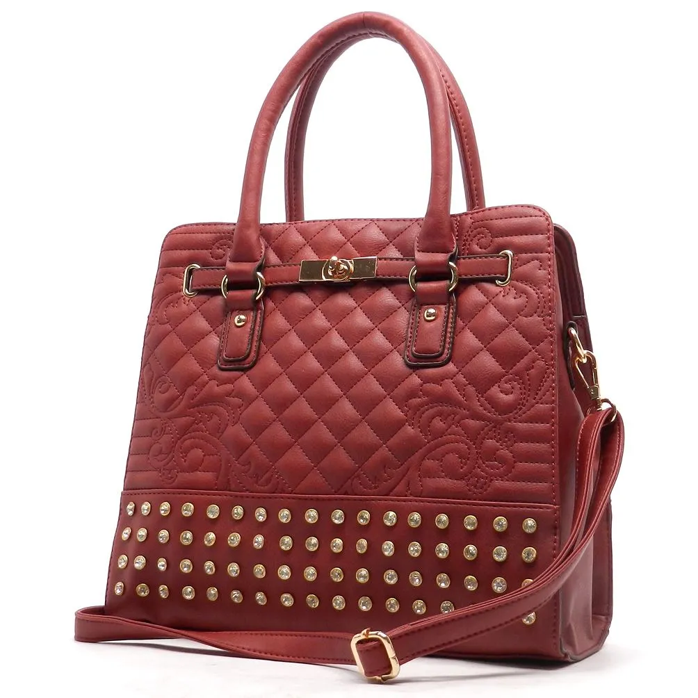 Quilted bling Twist Lock Shoulder bag Tote designer inspired Rhinestone Studs