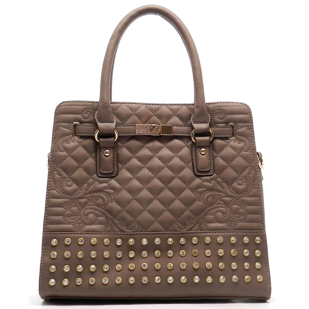 Quilted bling Twist Lock Shoulder bag Tote designer inspired Rhinestone Studs