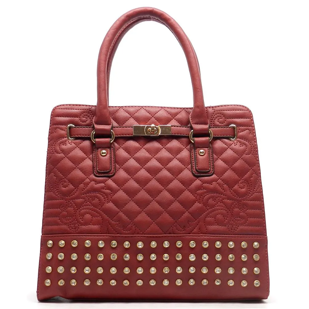 Quilted bling Twist Lock Shoulder bag Tote designer inspired Rhinestone Studs