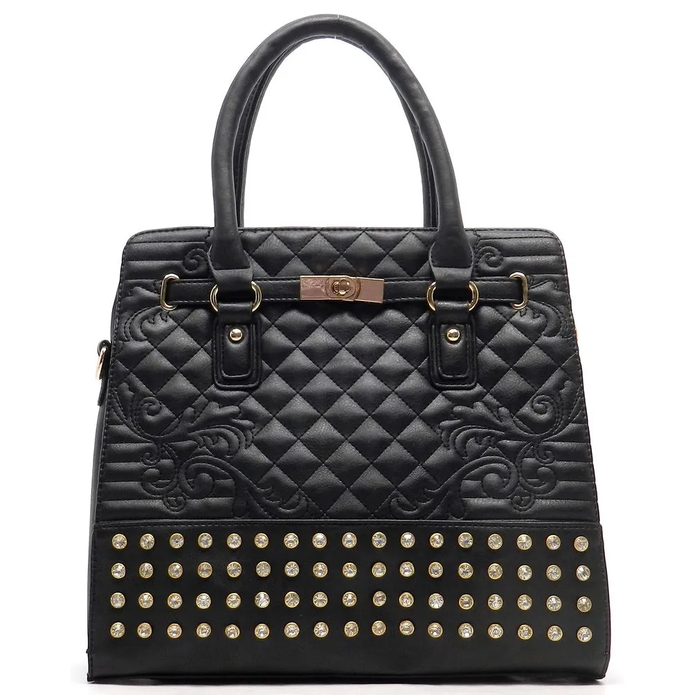 Quilted bling Twist Lock Shoulder bag Tote designer inspired Rhinestone Studs