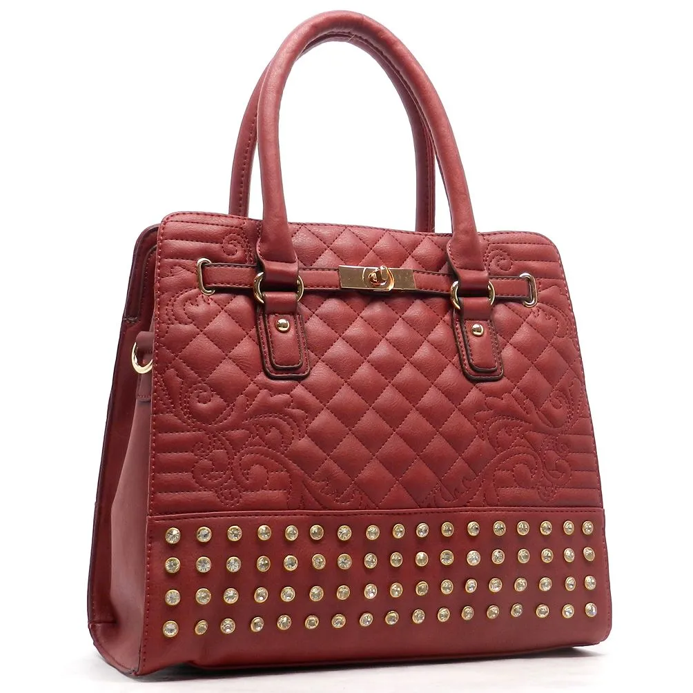 Quilted bling Twist Lock Shoulder bag Tote designer inspired Rhinestone Studs