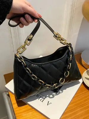 Quilted Chain Decor Baguette Bag  - Black - FD ⚡