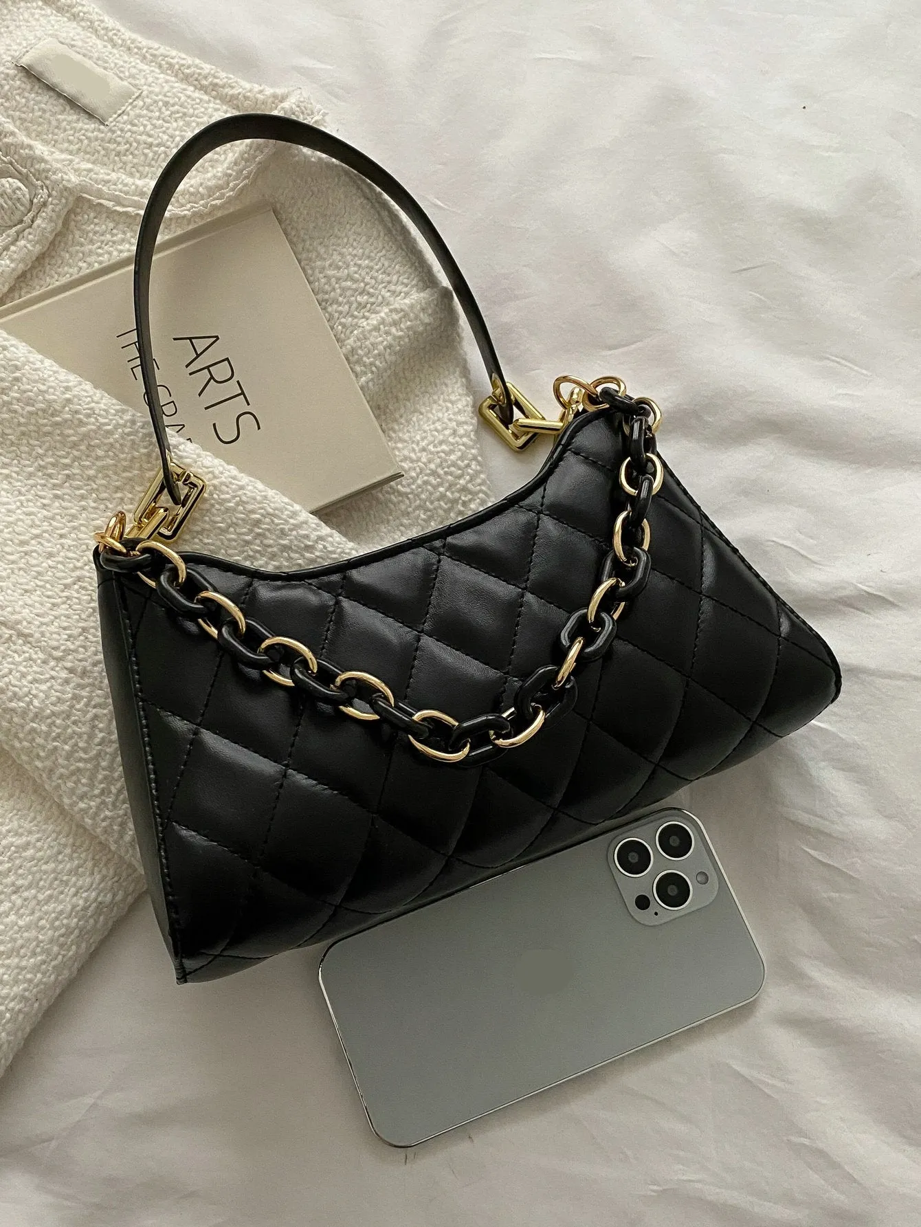 Quilted Chain Decor Baguette Bag  - Black - FD ⚡