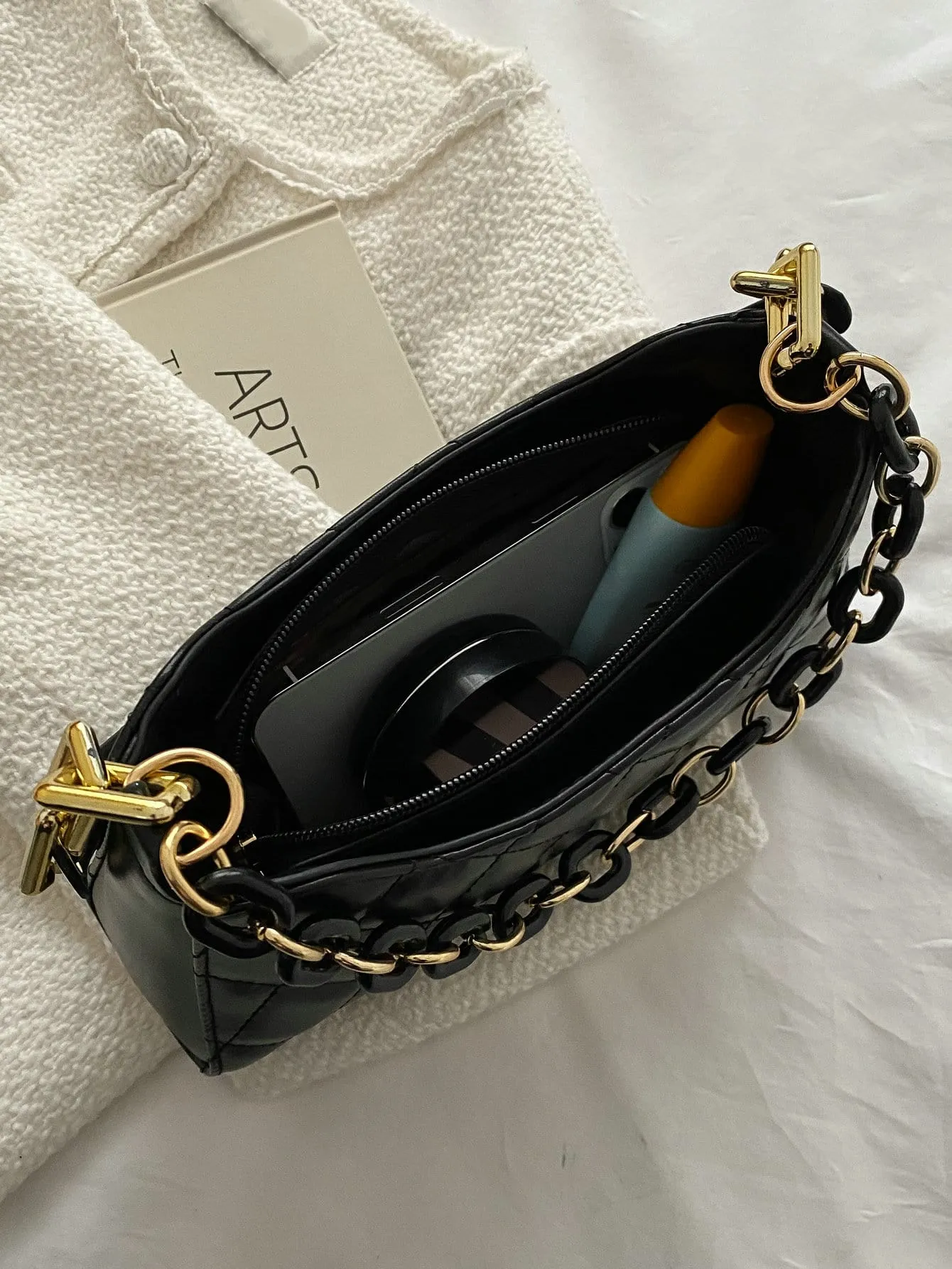 Quilted Chain Decor Baguette Bag  - Black - FD ⚡