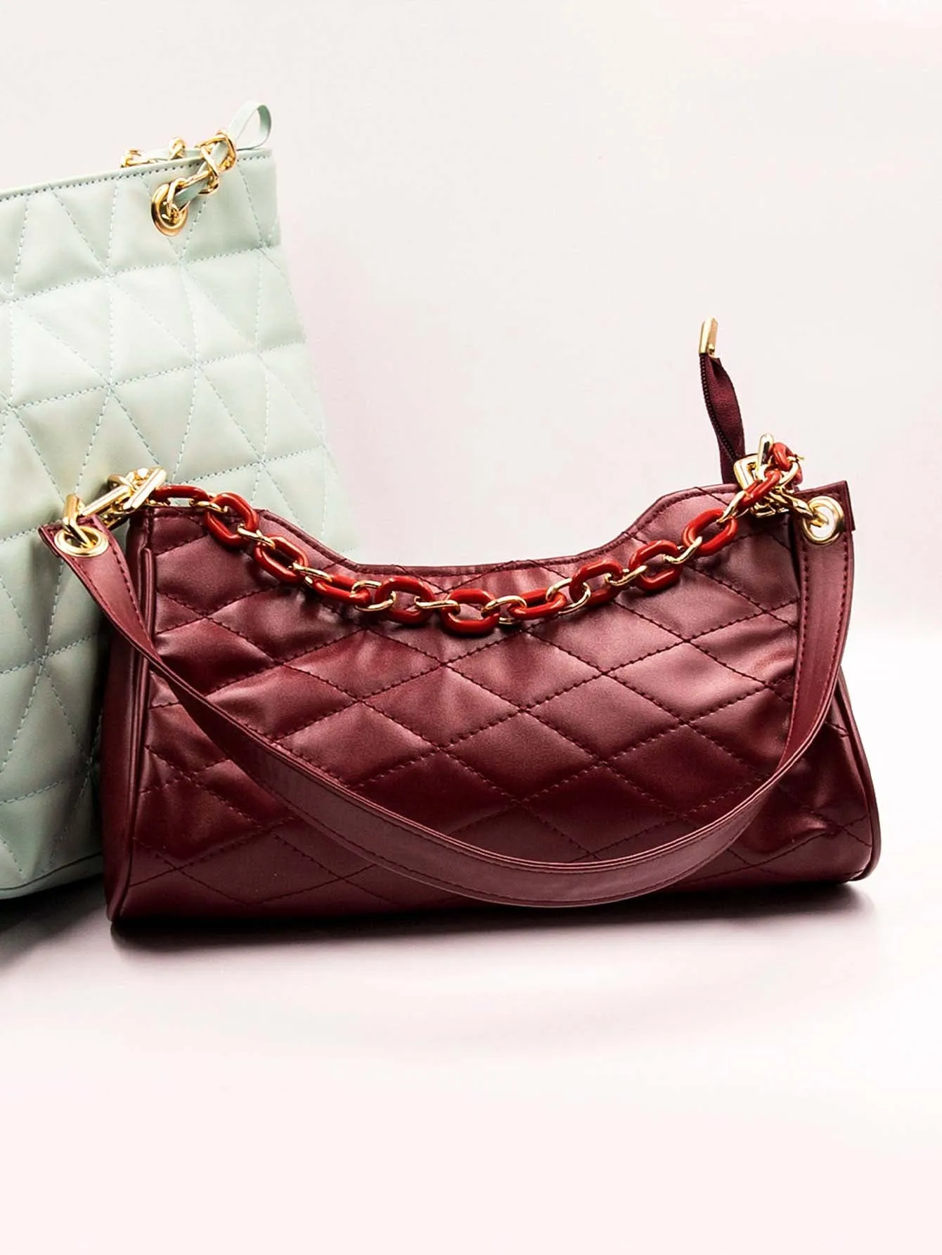 Quilted Chain Decor Baguette Bag  - Burgundy - FD ⚡