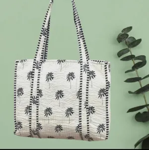 QUILTED COTTON WHITE/BLACK TOTE BAG