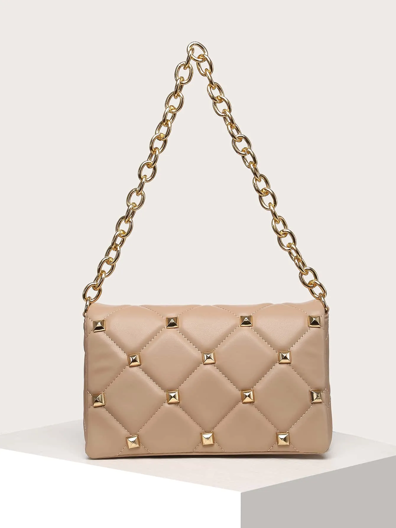 Quilted Studded Decor Flap Square Bag - Khaki