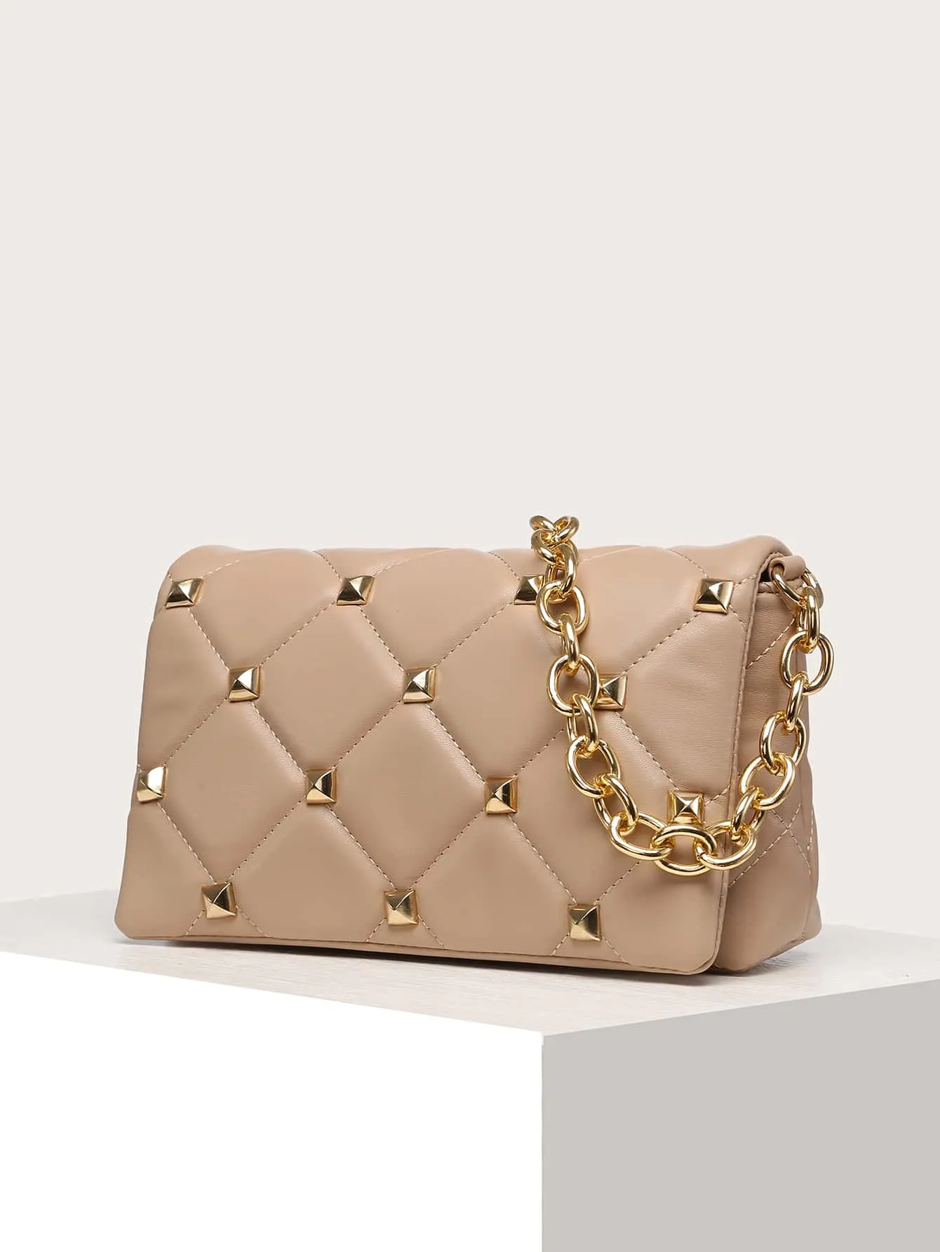 Quilted Studded Decor Flap Square Bag - Khaki