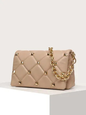Quilted Studded Decor Flap Square Bag - Khaki