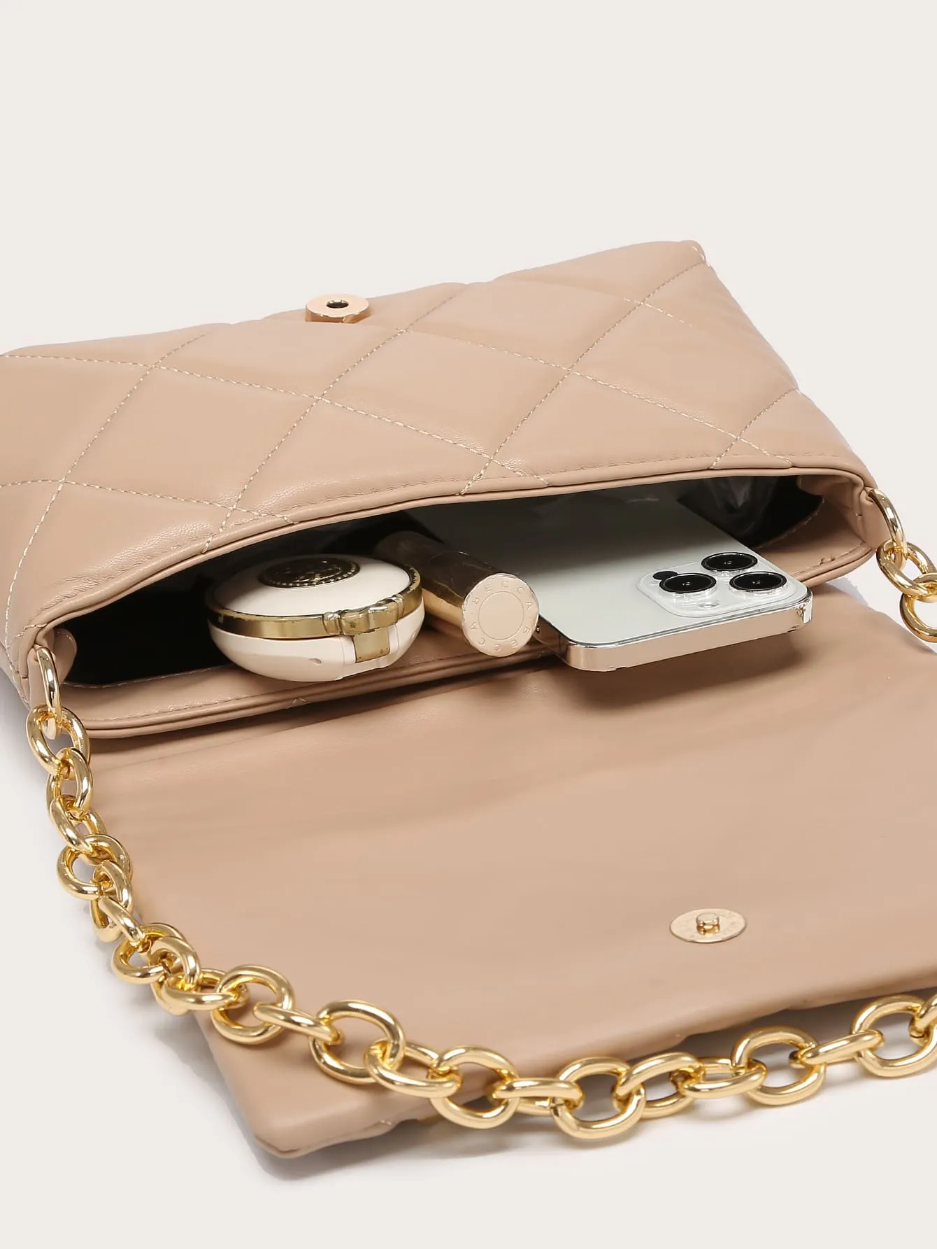 Quilted Studded Decor Flap Square Bag - Khaki