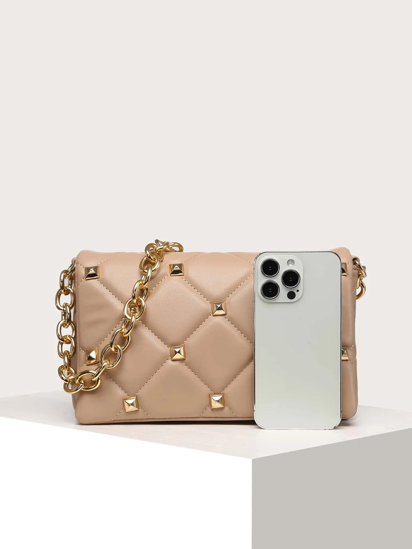 Quilted Studded Decor Flap Square Bag - Khaki