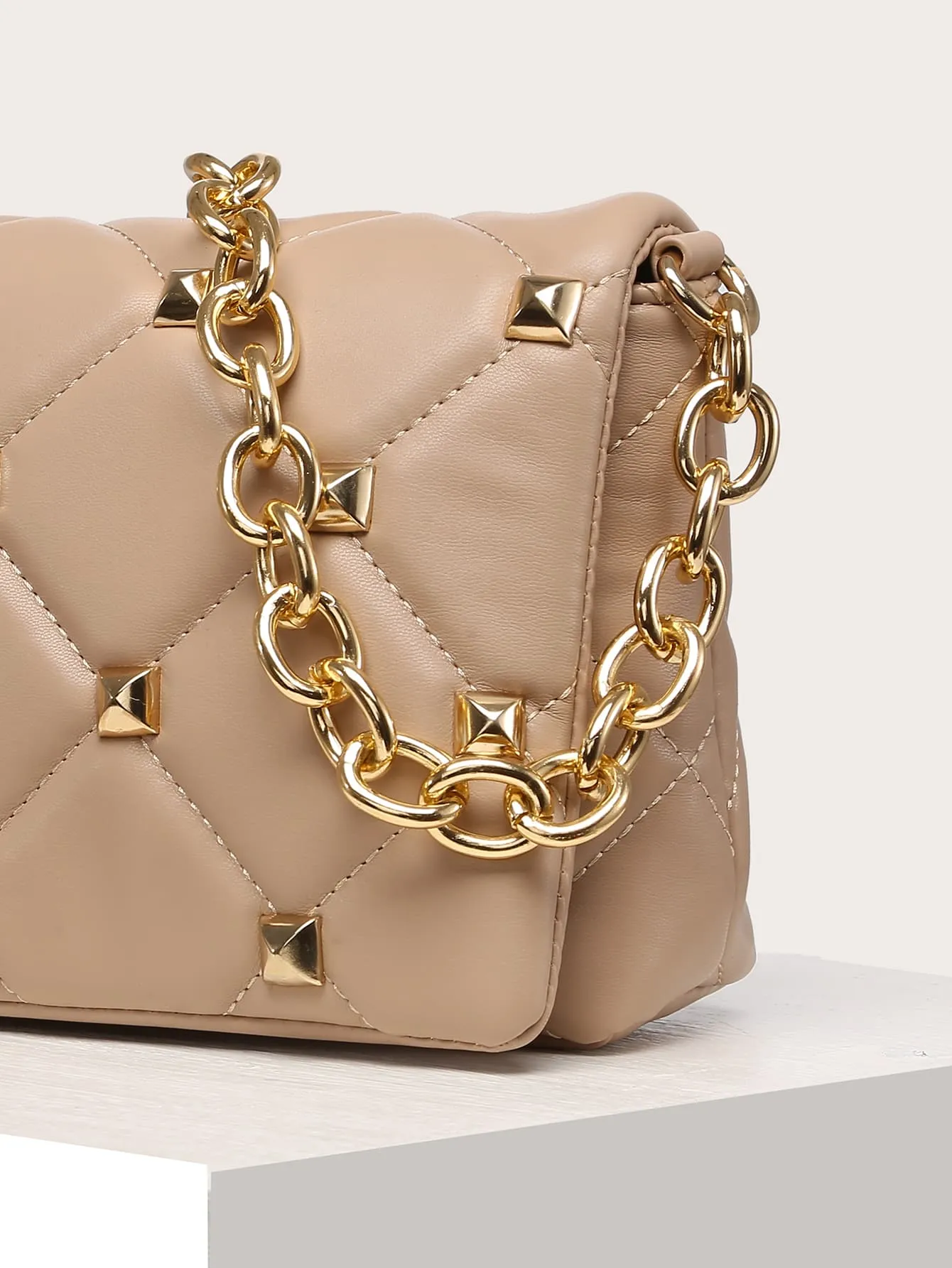 Quilted Studded Decor Flap Square Bag - Khaki