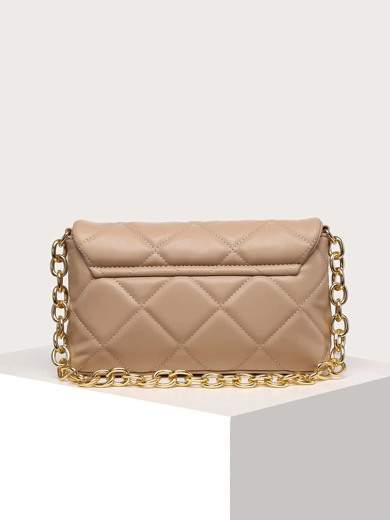Quilted Studded Decor Flap Square Bag - Khaki