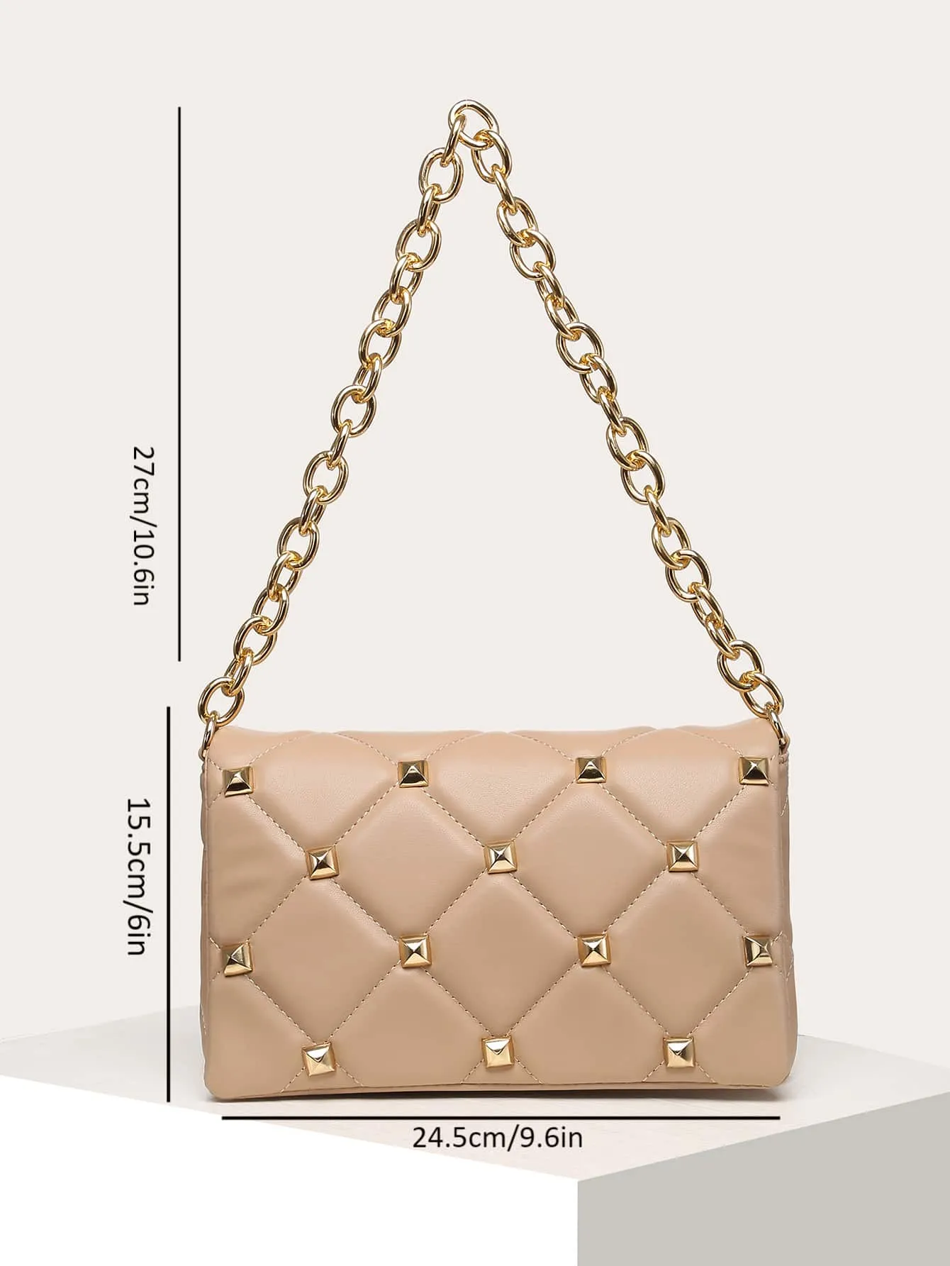Quilted Studded Decor Flap Square Bag - Khaki