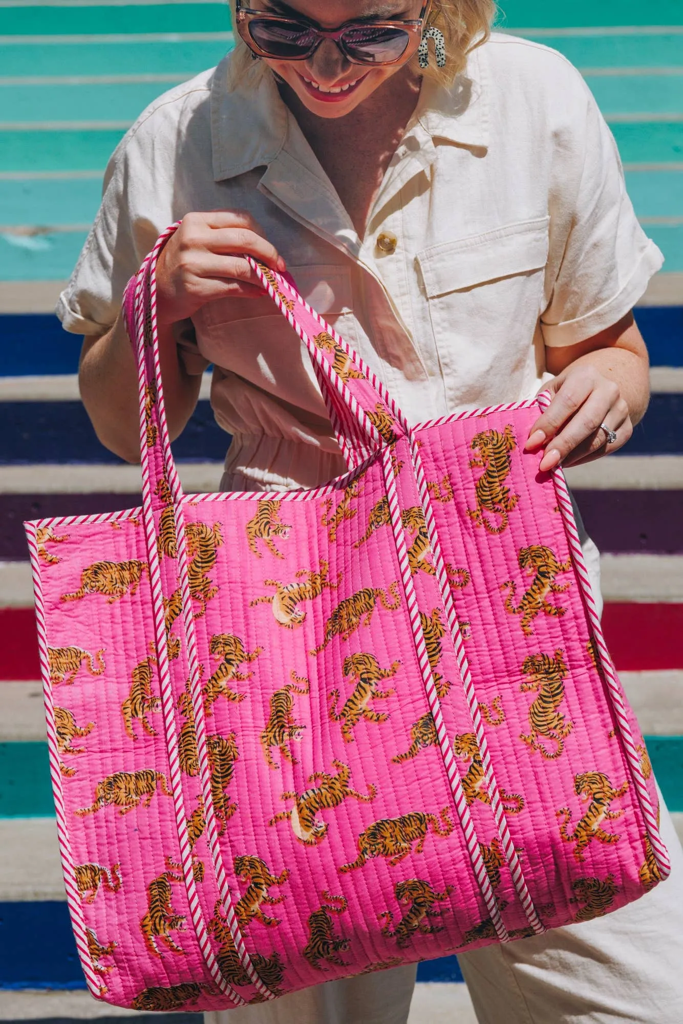 Quilted Tote Bag Pink Tiger