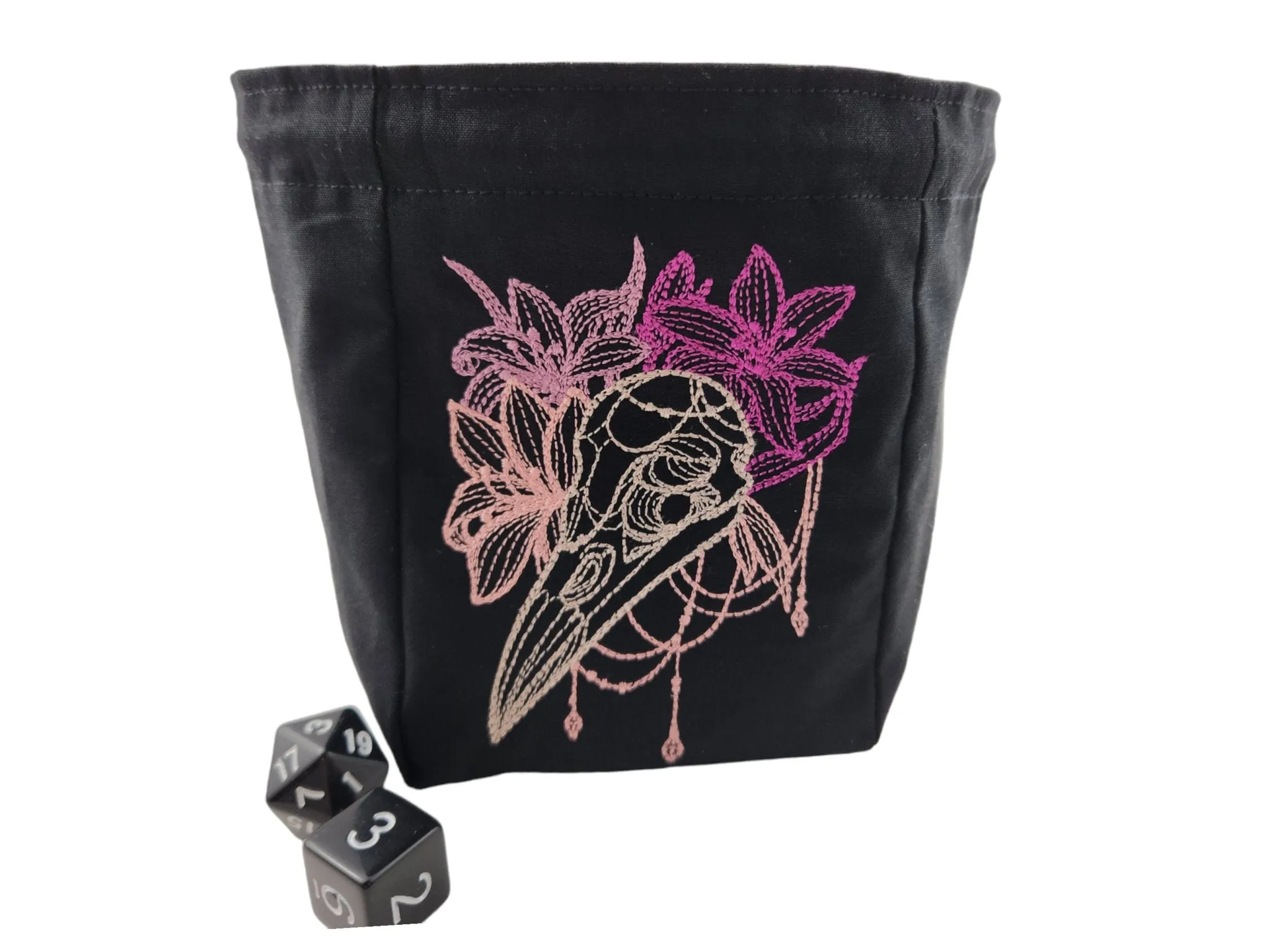 Raven skull and floral dice bag