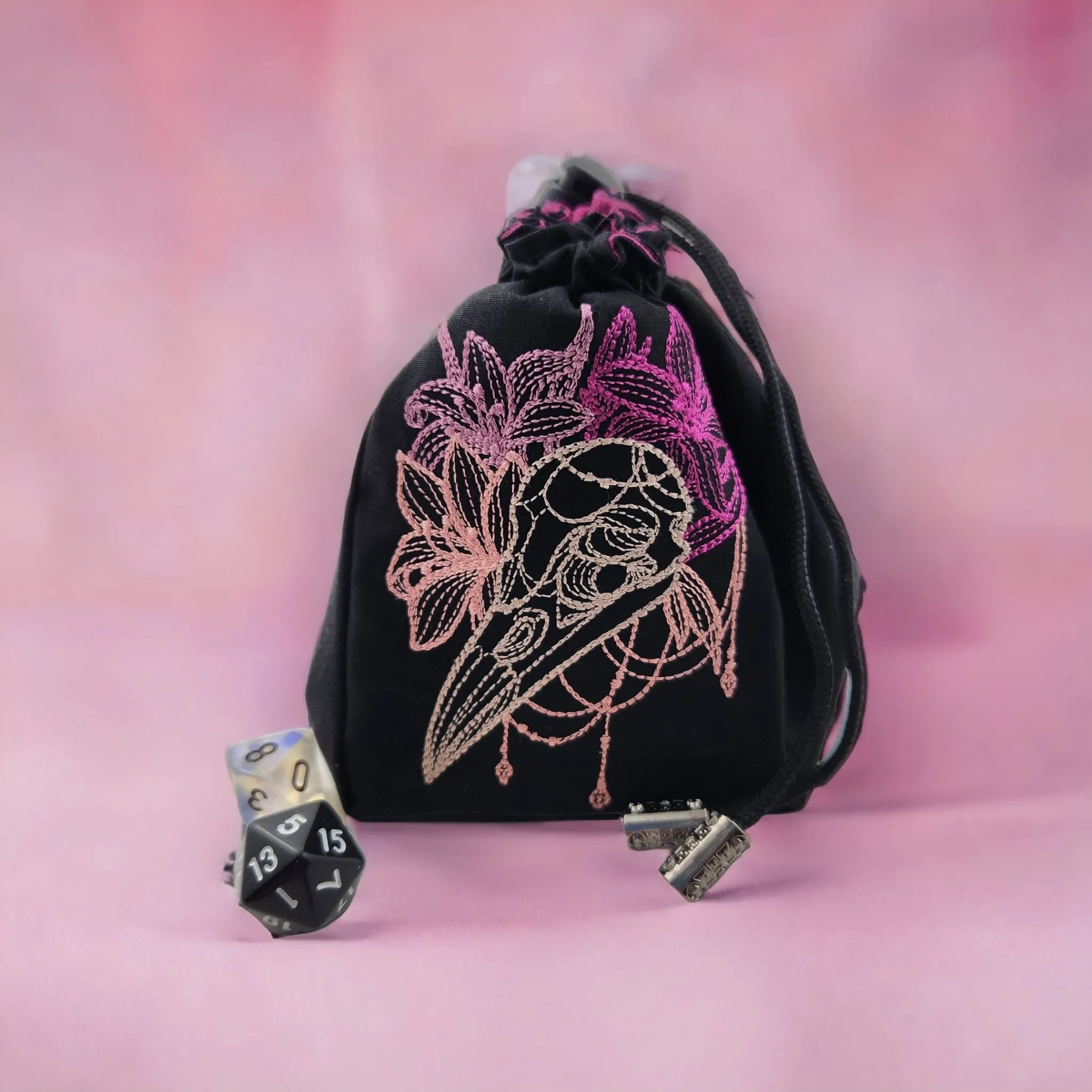 Raven skull and floral dice bag