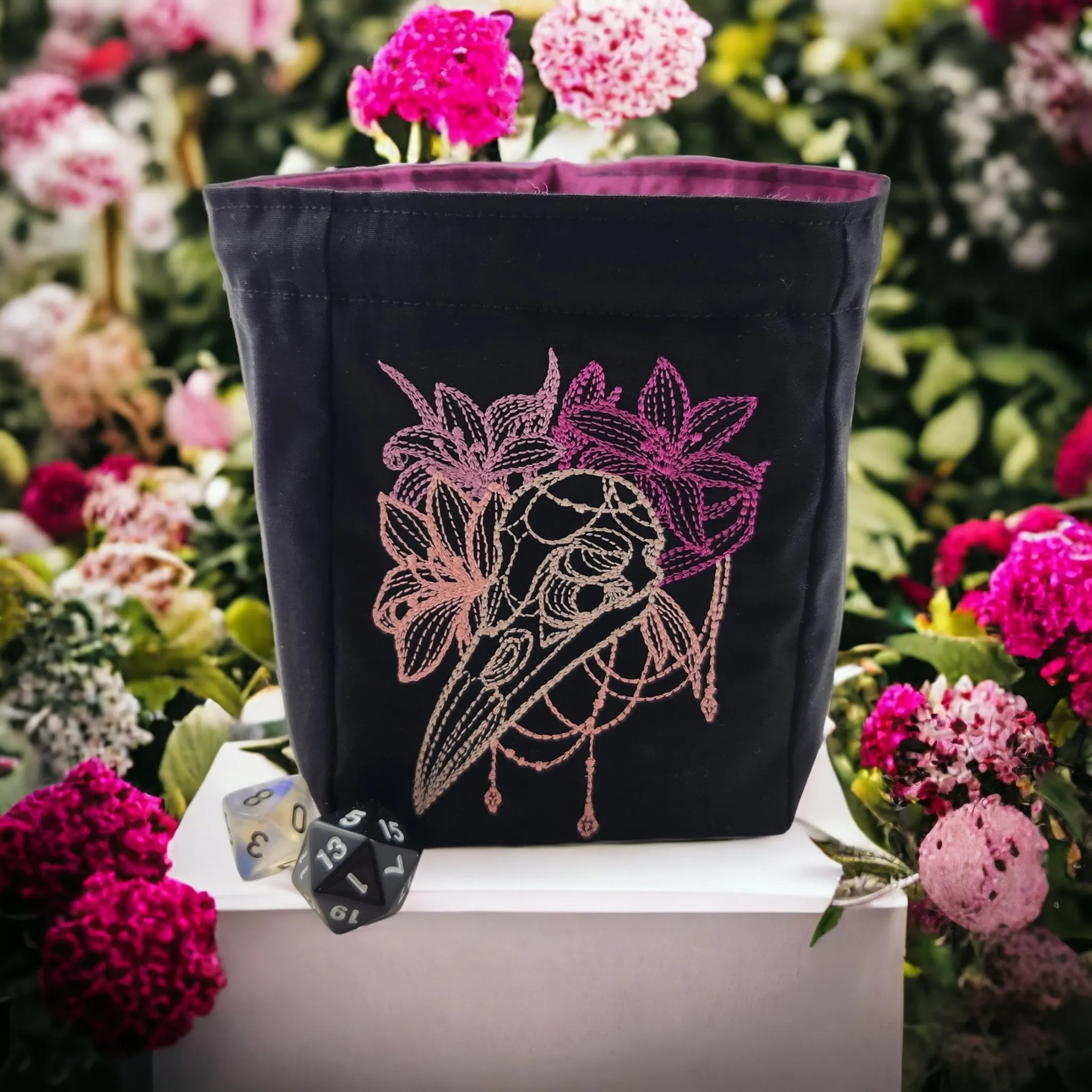 Raven skull and floral dice bag