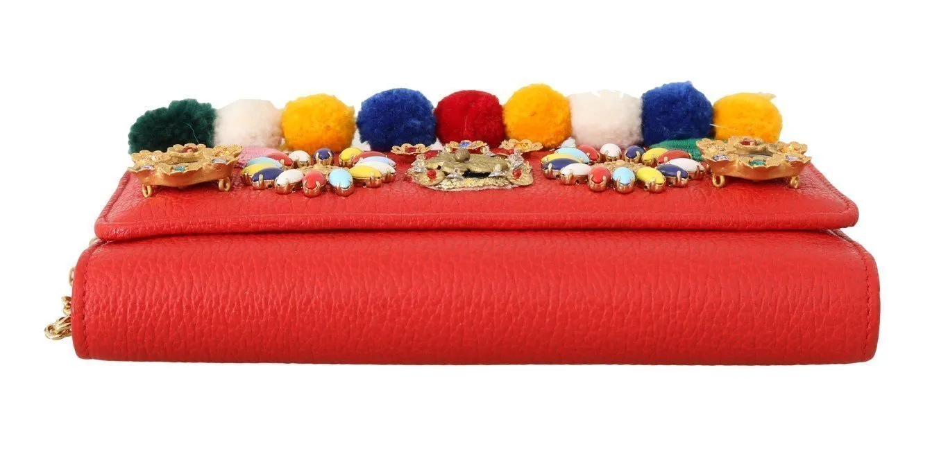 Red VON Leather Crystal Carretto POM POM Bag