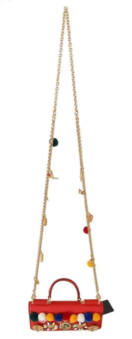 Red VON Leather Crystal Carretto POM POM Bag