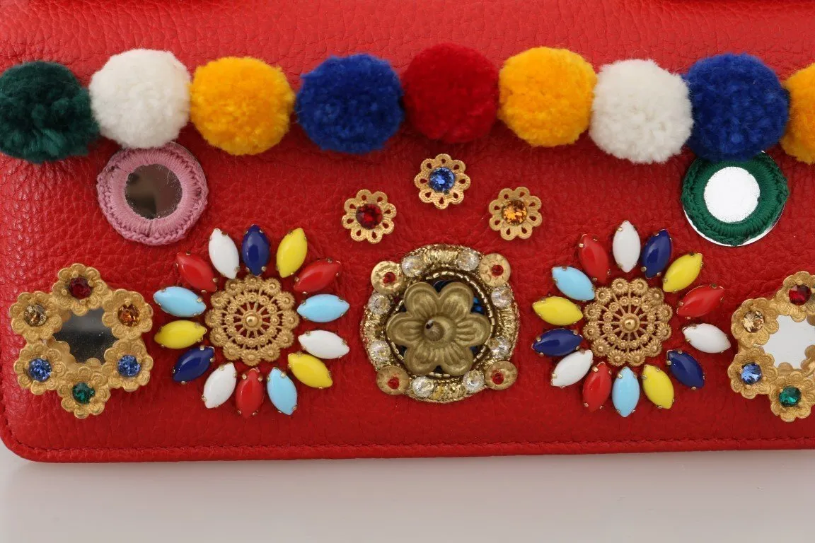 Red VON Leather Crystal Carretto POM POM Bag