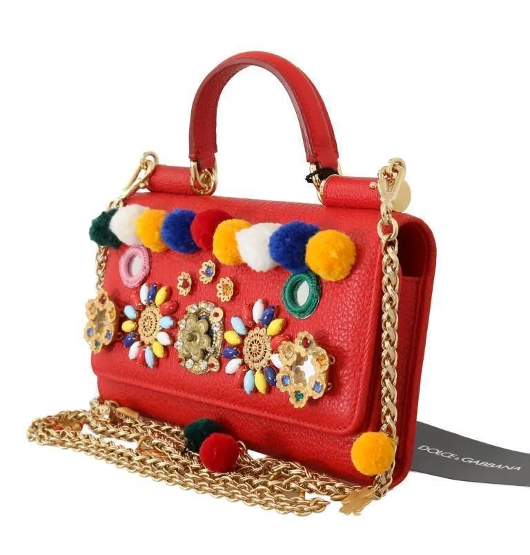 Red VON Leather Crystal Carretto POM POM Bag