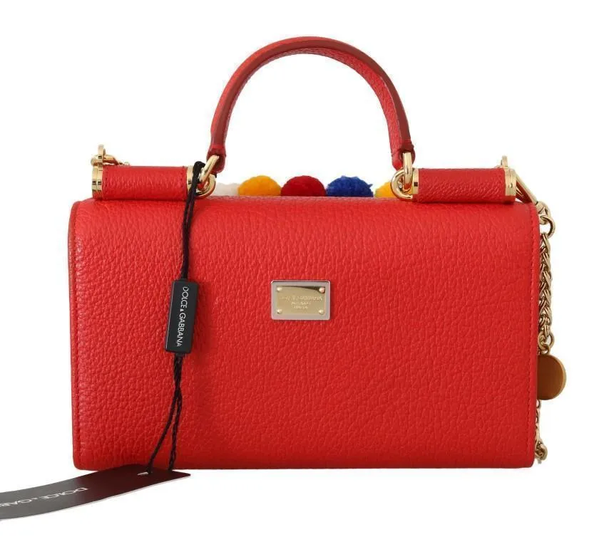Red VON Leather Crystal Carretto POM POM Bag