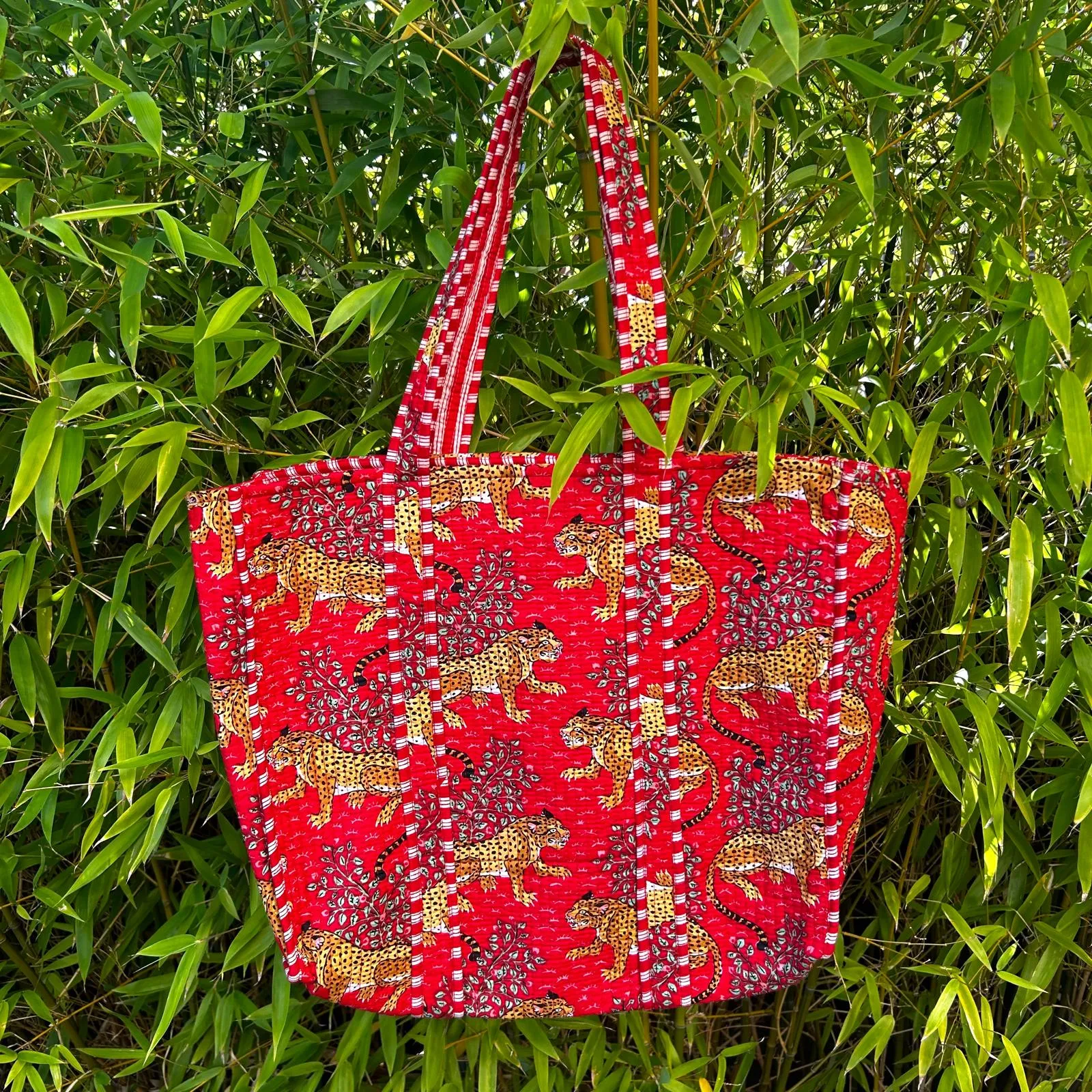 Reversible Large Tote  - Jungle Red Stripe Leopard