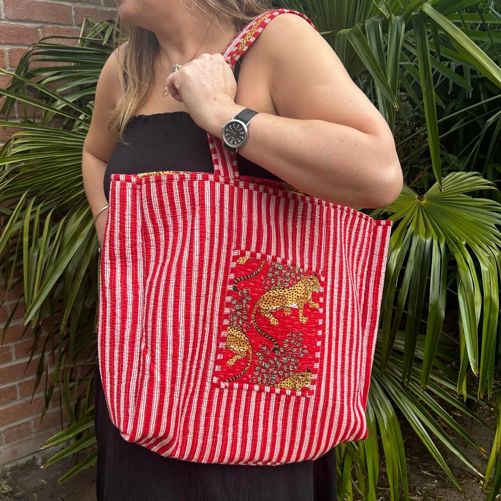 Reversible Large Tote  - Jungle Red Stripe Leopard