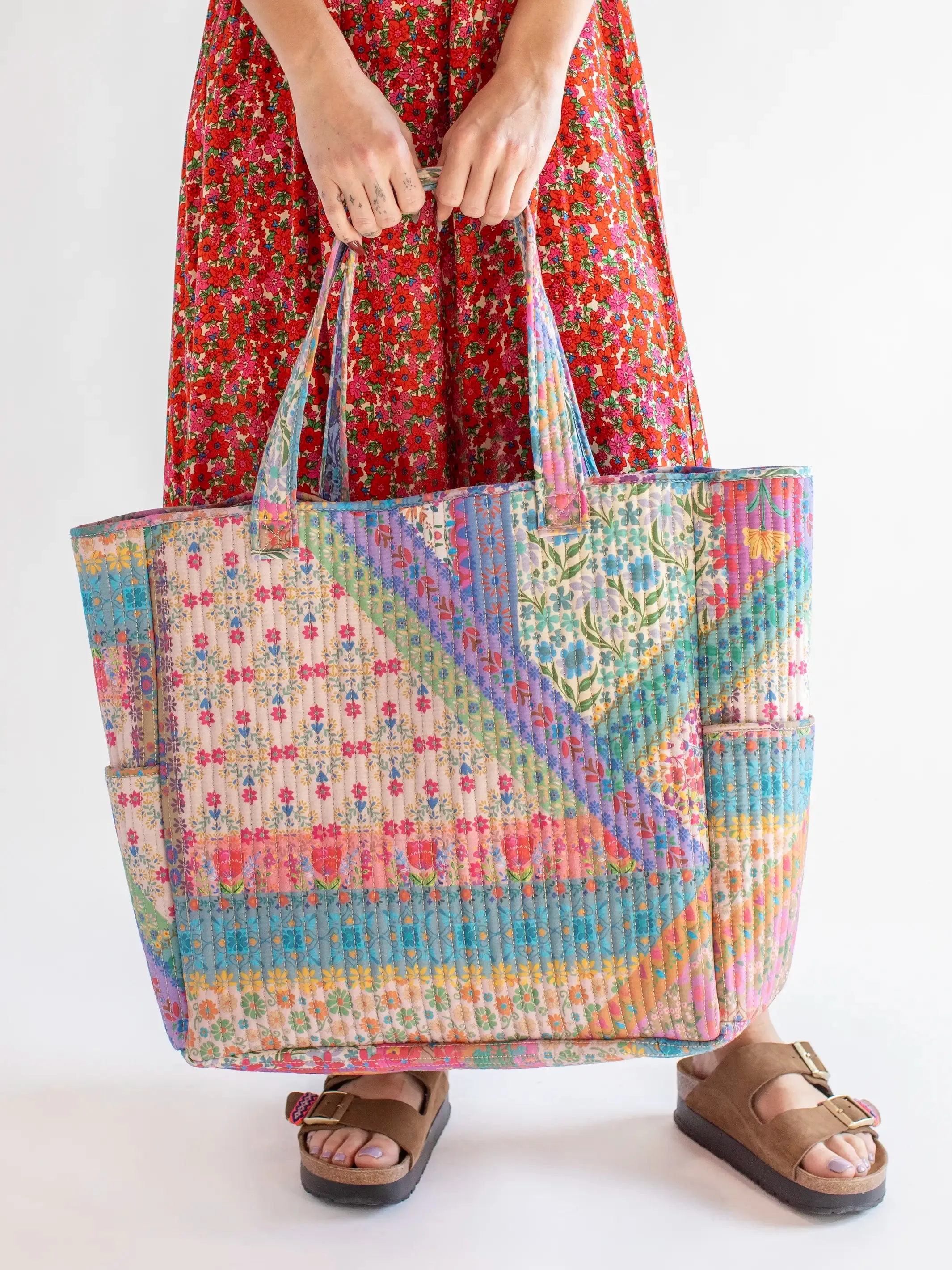 Reversible Quilted Tote Bag - Floral Patchwork
