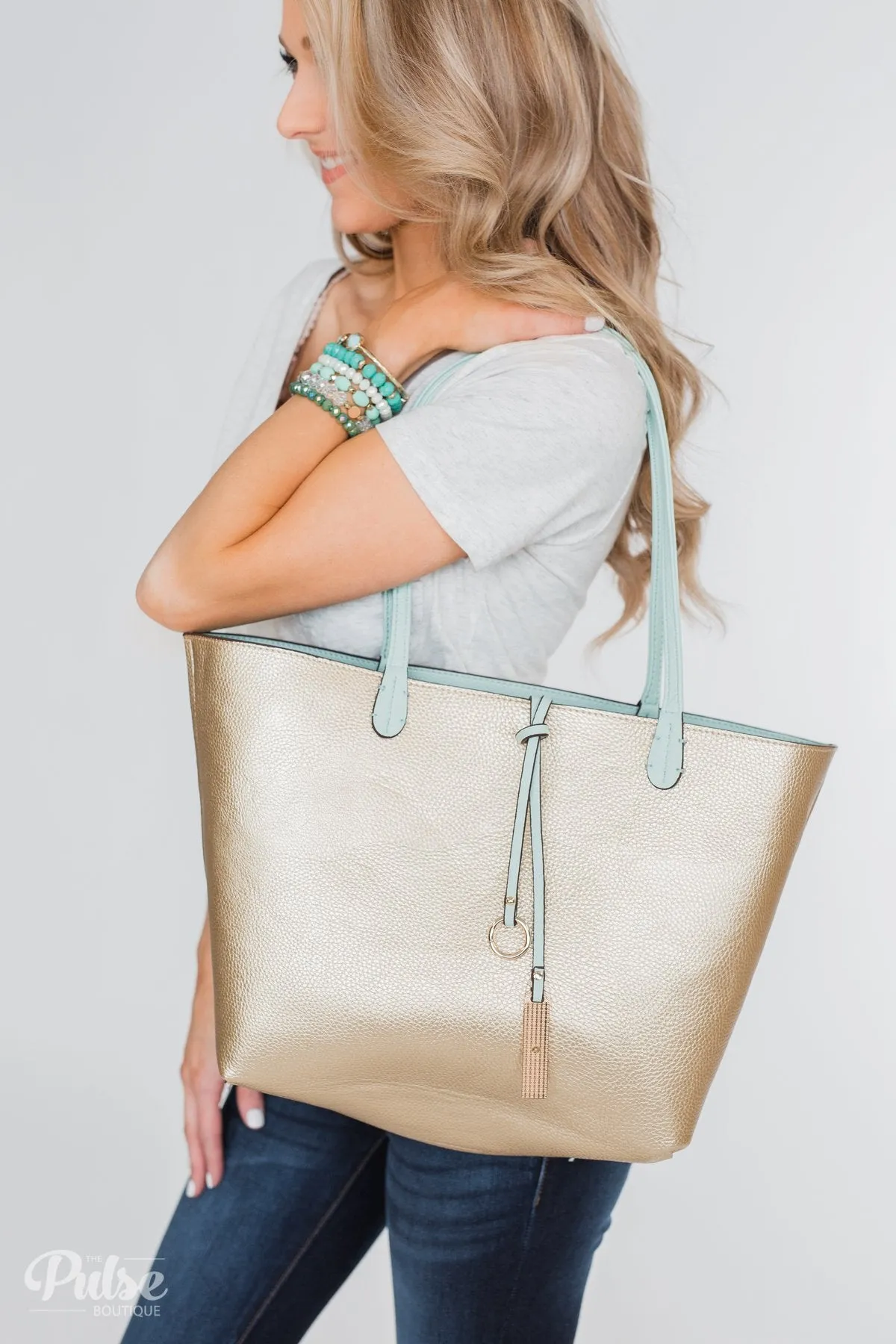 Reversible Tote- Mint/Gold