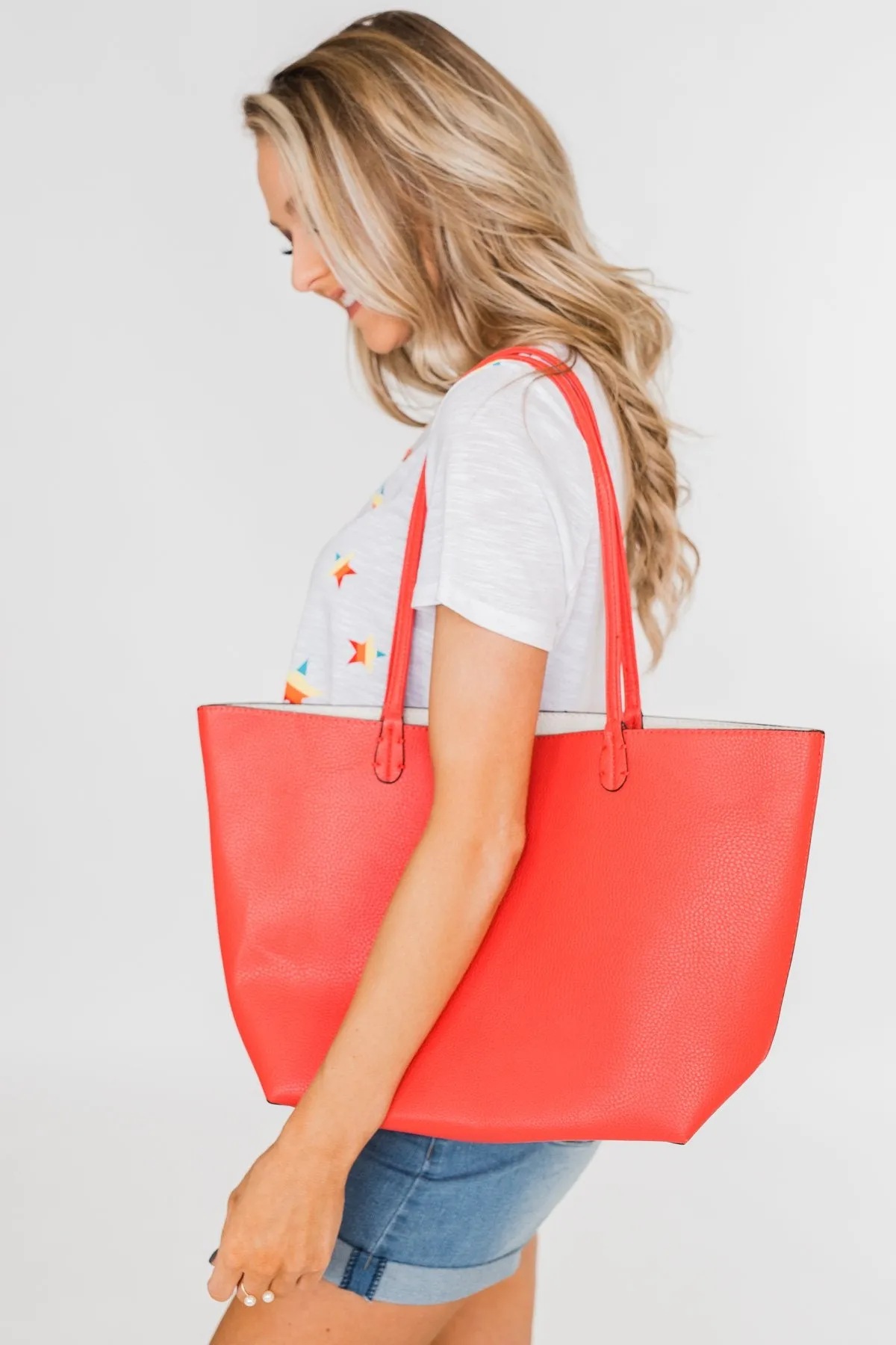 Reversible Tote- Vibrant Coral/Ivory