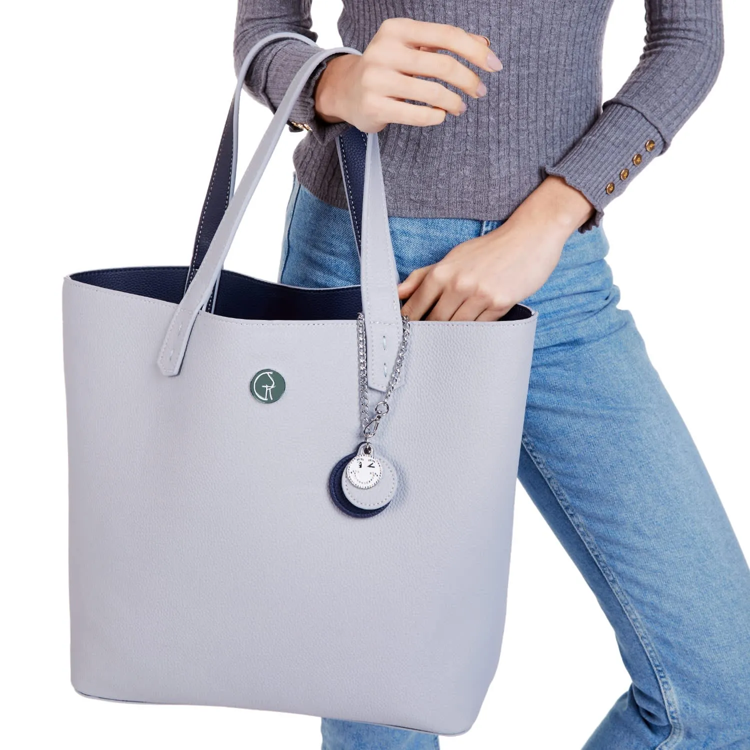 Reversible Vegan Leather Tote | Blue & Grey