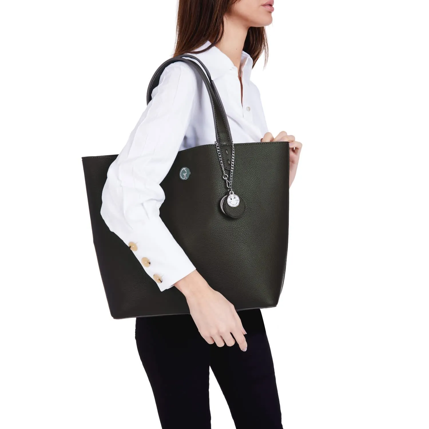 Reversible Vegan Leather Tote | Forest Green & Metallic