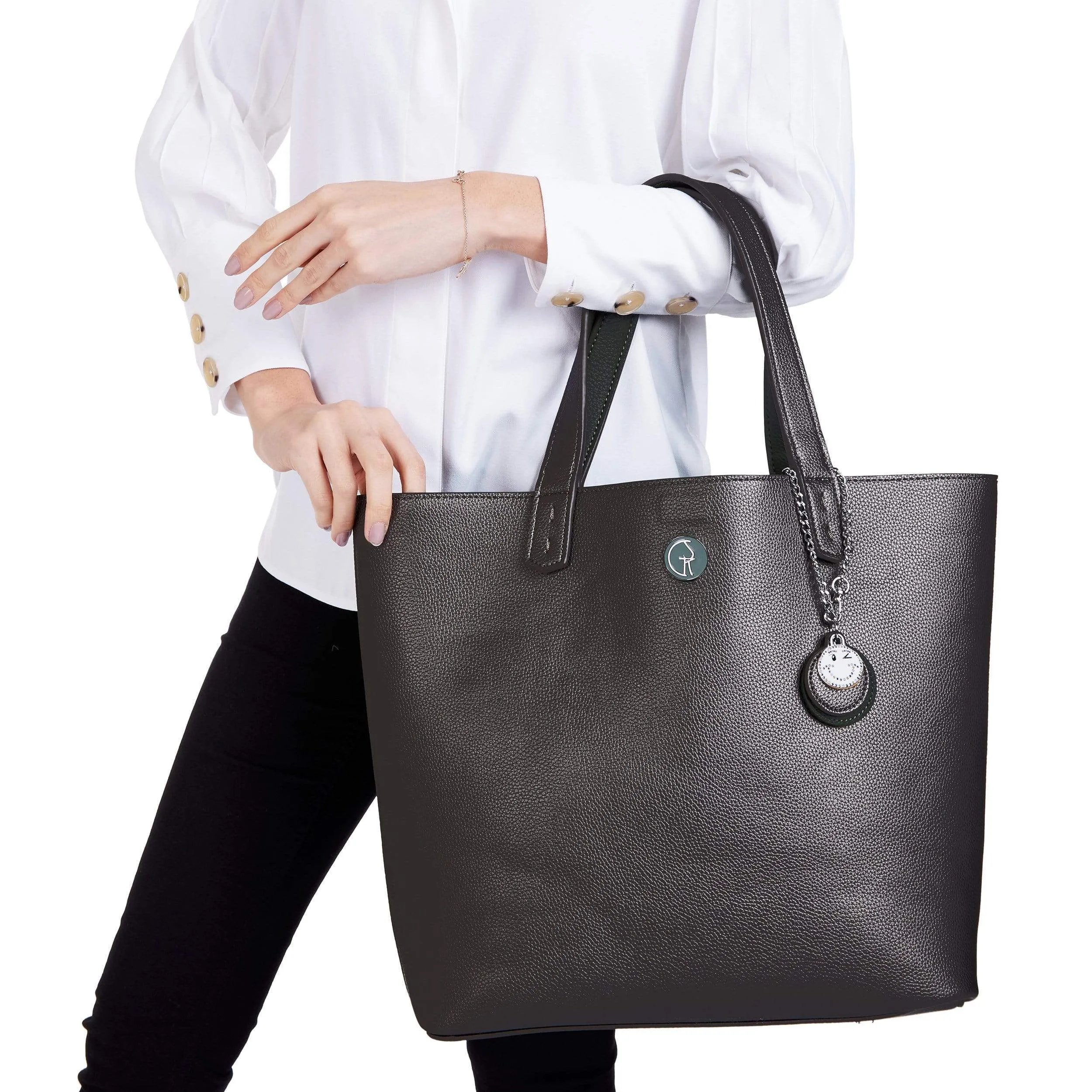 Reversible Vegan Leather Tote | Forest Green & Metallic