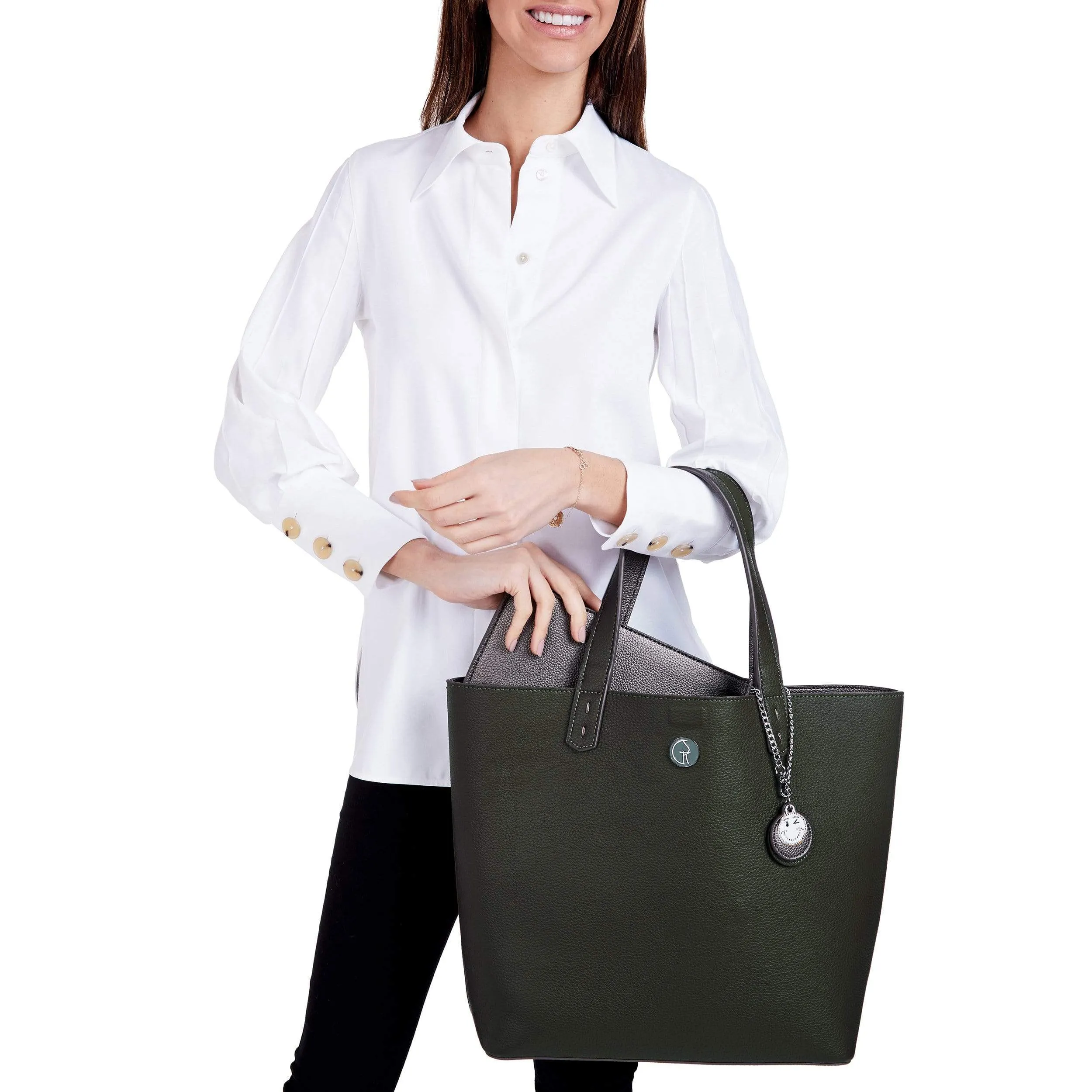 Reversible Vegan Leather Tote | Forest Green & Metallic