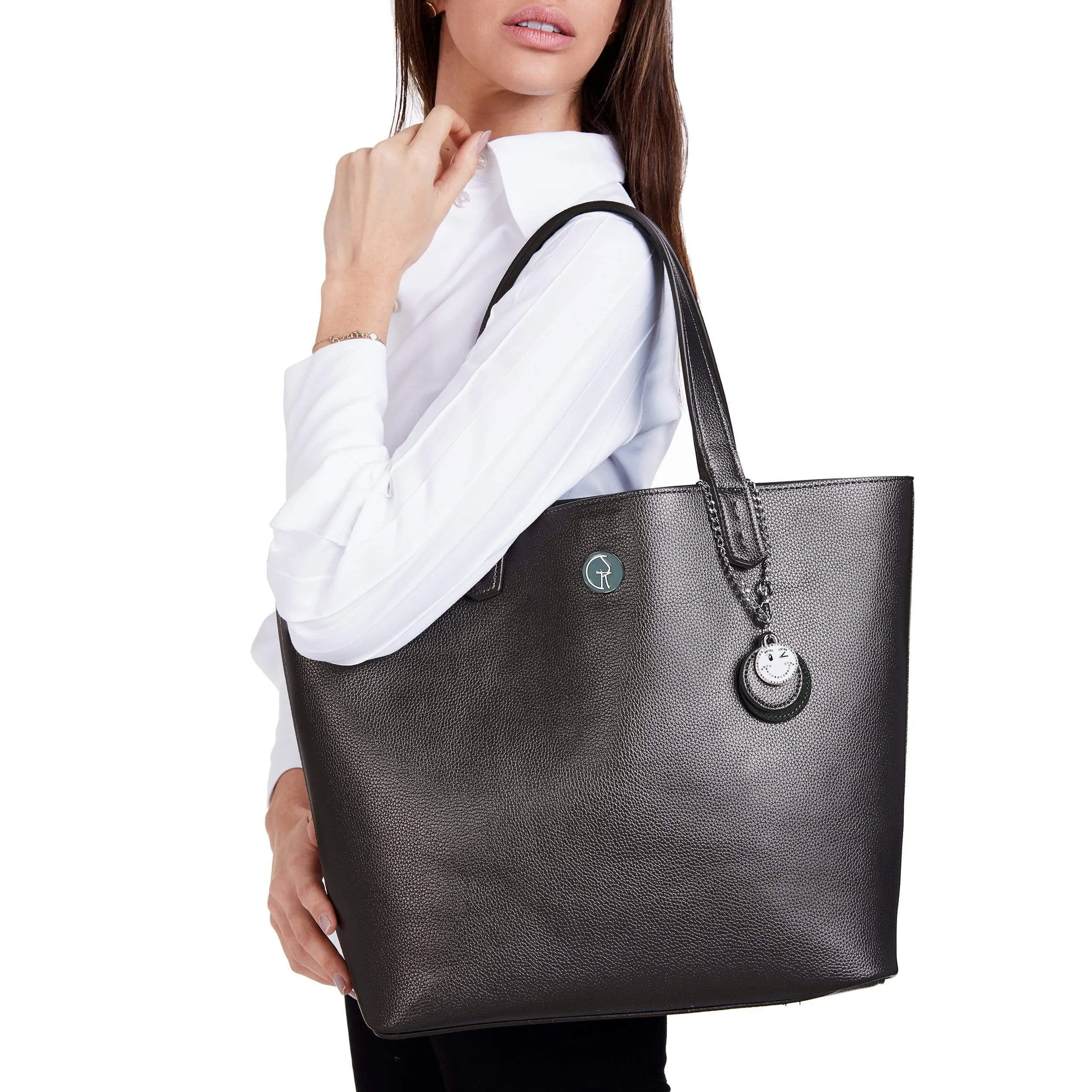 Reversible Vegan Leather Tote | Forest Green & Metallic
