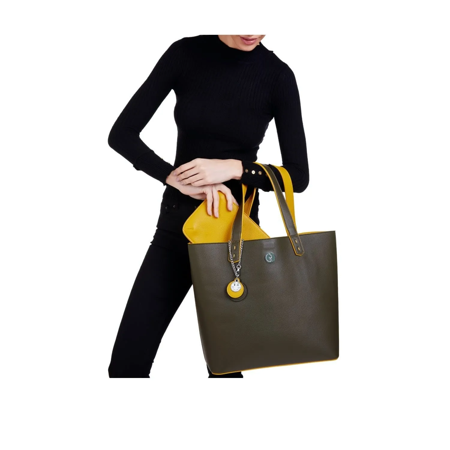 Reversible Vegan Leather Tote | Green & Mustard