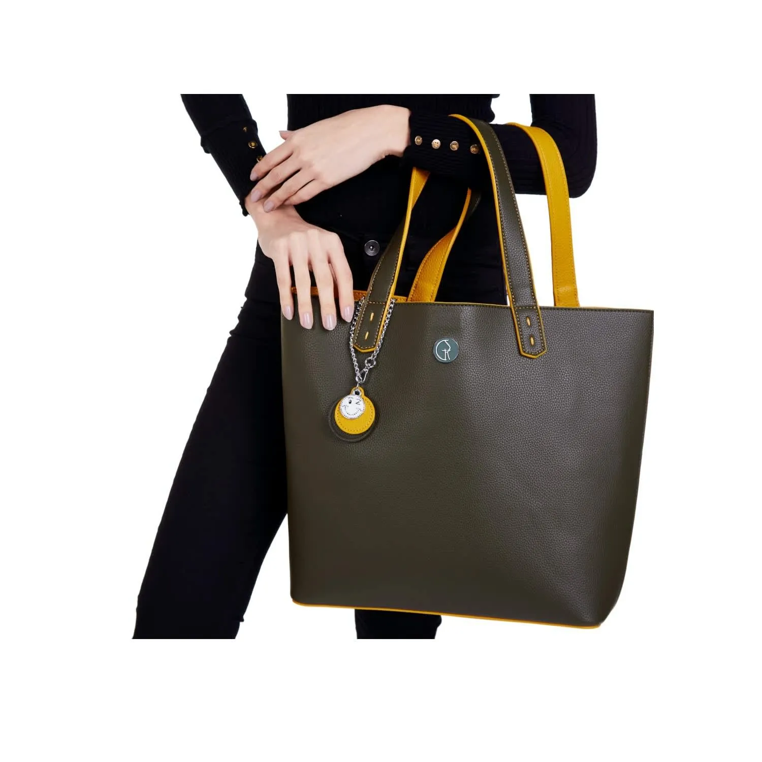 Reversible Vegan Leather Tote | Green & Mustard