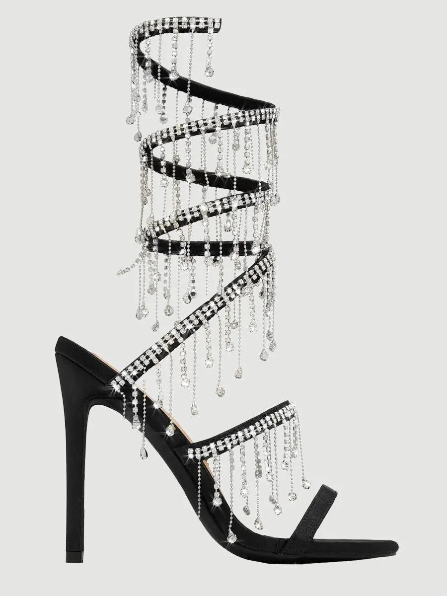 Rhinestone Studded Tassel Wrap High Heels MHE1079