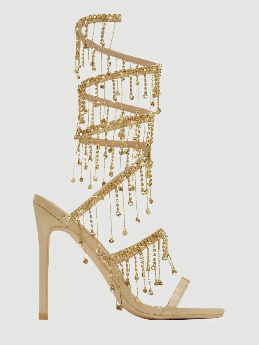 Rhinestone Studded Tassel Wrap High Heels MHE1079